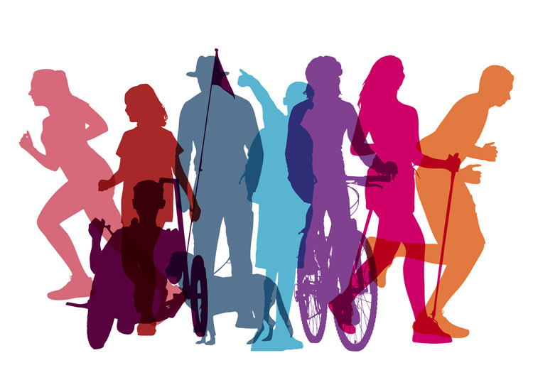 Grafik mit farbigen Silhouetten von Menschen bei verschiedenen Bewegungsformen