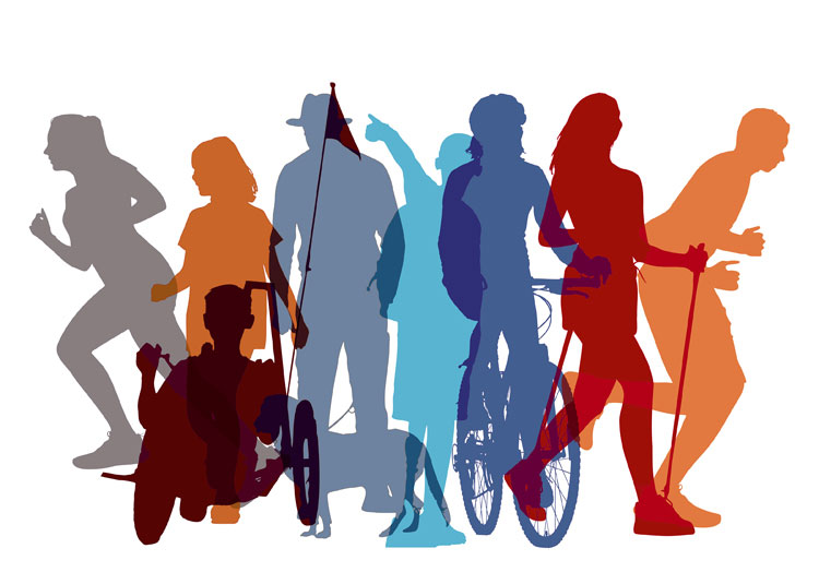 Grafik mit farbigen Silhouetten von Menschen bei verschiedenen Bewegungsformen